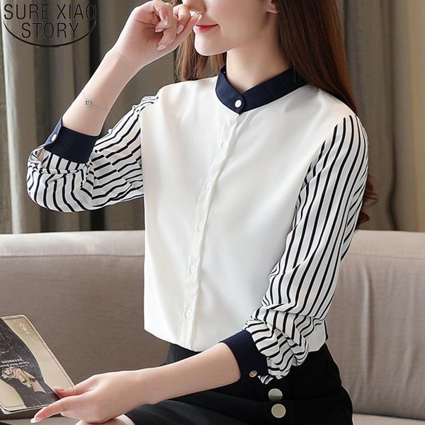 

striped long sleeve shirts office lady korean fashion women blouses 2021 autumn stand collar loose chiffon ladies 10751 women's &, White