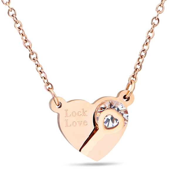 

stainless steel courtship artifact beautiful lock heart-shaped key zircon pendant woman necklace never fade necklaces, Silver