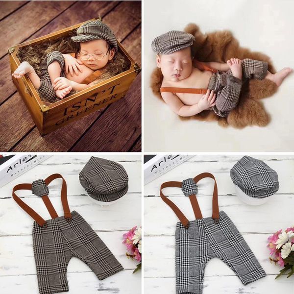 

clothing sets rbon boy po suspender pants cap 2pcs retro vintage pography costumes plaid british style, White