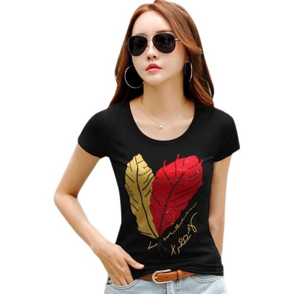 

women's t-shirt summer short-sleeved cotton women tees fashion feather diamond ladies slim casual plus size female, White