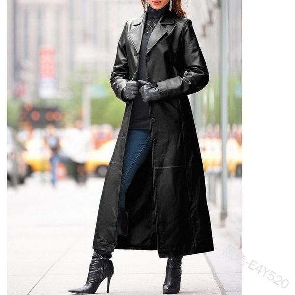 

women's leather & faux women pu jacket commuting long-sleeved thin large size solid color long slim-fitting collar winter trench coat, Black