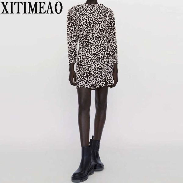 

za roundneck leopard print wrap dress for women winter casual long puff sleeve elegant slim mini skirt party vestidos 210604, Black;gray