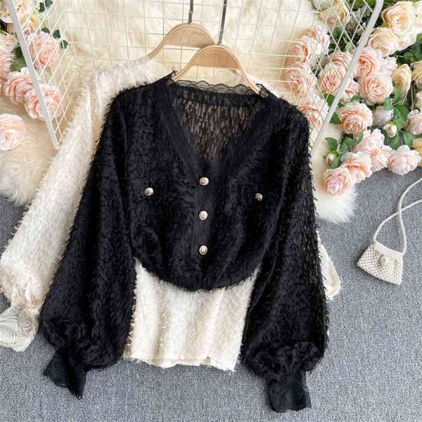 

spring fashion blouse women's lace v-neck puff sleeve buttons blusa micro-transparent all-match chiffon shirt gk145 210506, White