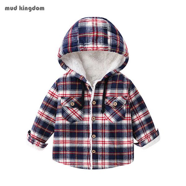 Mudkingdom Jungen Shirts Mit Kapuze Winter Button Down Schwere Fleece Kinder Tops Mode Plaid Kinder Kleidung für 210615