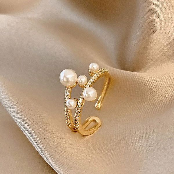 

cluster rings trendy simple design elegant irregular pearl ring adjustable opening finger women's jewelry accessories, Golden;silver
