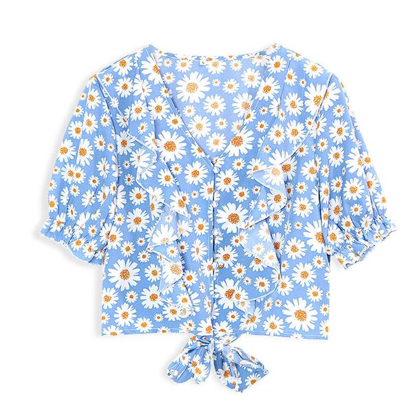 

summer crop sunflower print ruffles sashes bowtie v neck buttons vintage style girls shirts blusas mujer de moda 210527, White