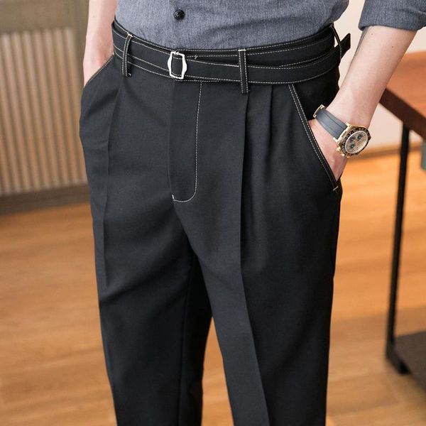 

fashion slim fit solid pants men suit trousers belt mens formal office pantalones men's social dress suits & blazers, White;black