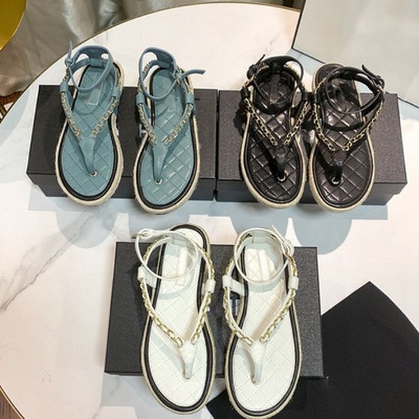 

70% off wholesale sandals flip-flops summer new metal chain braided hemp rope bottom roman sandals flip-flops fisherman one-word buckle beac, Black