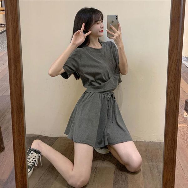 

women's tracksuits salt leisure suit summer korean loose fat mm large short sleeve t-shirt wide leg pants two piece set, Gray