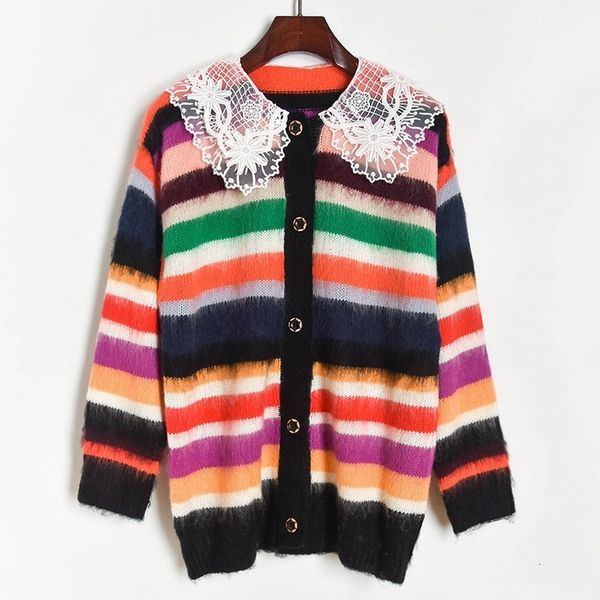 

women's jackets vintage luxury winter women rainbow striped lace doll collar long sleeve loose mohair knitted cardigan plus size coat c, Black;brown