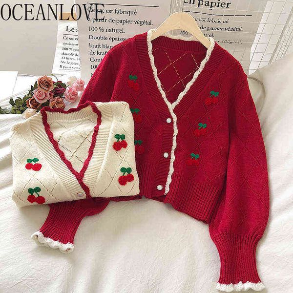 

oceanlove embroidered cardigans knit wear sweet puff sleeve short mujer chaqueta autum winter v neck cherry sweaters women 18958 211217, White;black