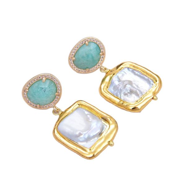 

guaiguai jewelry natural cultured white keshi pearl green amazonites gold color plated stud earrings handmade for women real gems stone lady, Silver