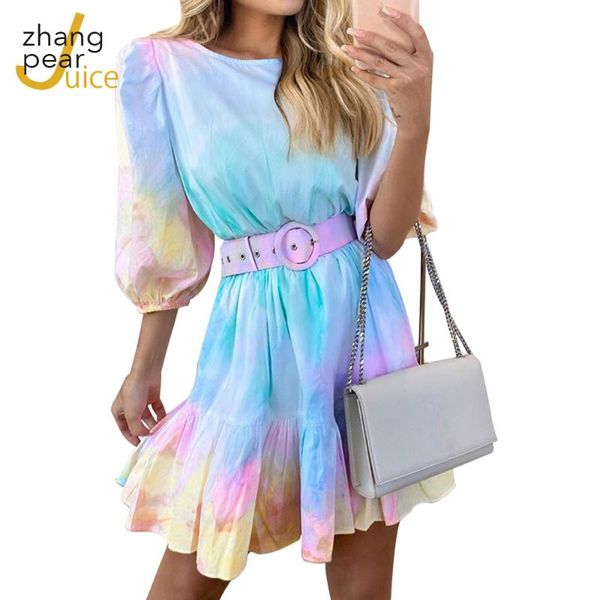 

casual dresses women gradient multicolor short mini dress romantic lady o neck a-line female printed, Black;gray