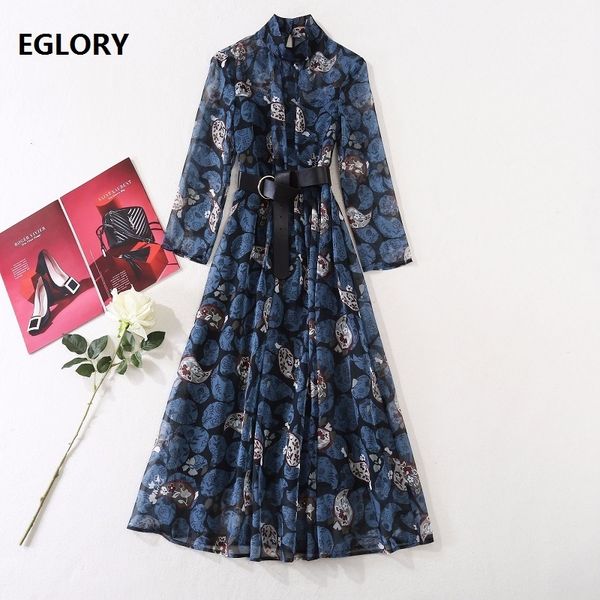 

dresses chiffon new spring summer runway style women vintage floral print belt deco long sleeve casual, Black;gray