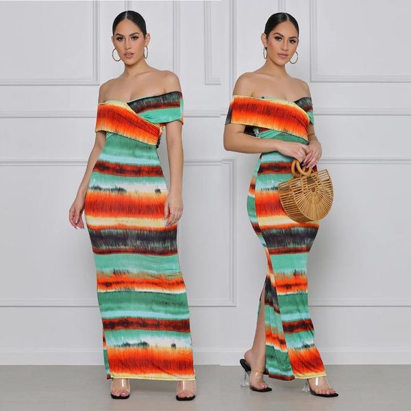

plus size dresses women casual long dress off the shoulder print gradient stripes contrasting strapless clothing beach seaside style summer, Black