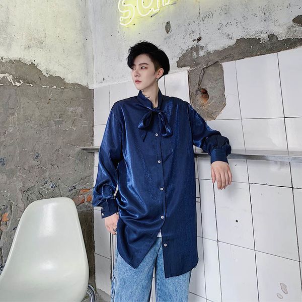 

men's casual shirts men tie bow collar long sleeve loose blue shining male vintage fashion streetwear hip hop party dress 4iy2, White;black