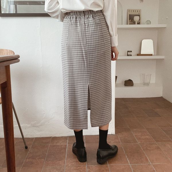 

skirts vintage plaid women mid-length elegant elastic high waist split straight skirts female spring vfmi, Black