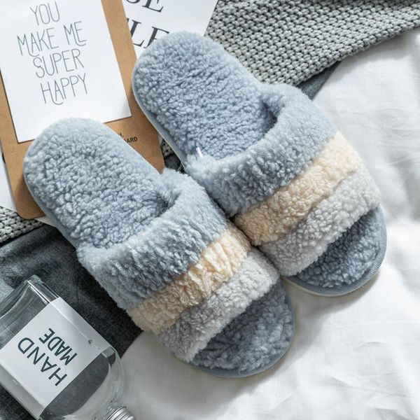 

women's slippers home warm men's fur slides plush women shoes thick house for footwear, Black