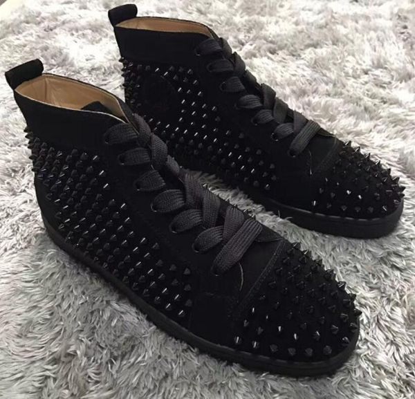 

[original box]spikes sneakers shoes fashion red bottom women & men high genuine leather casual flat party dress walking shoes size 35-46, Black