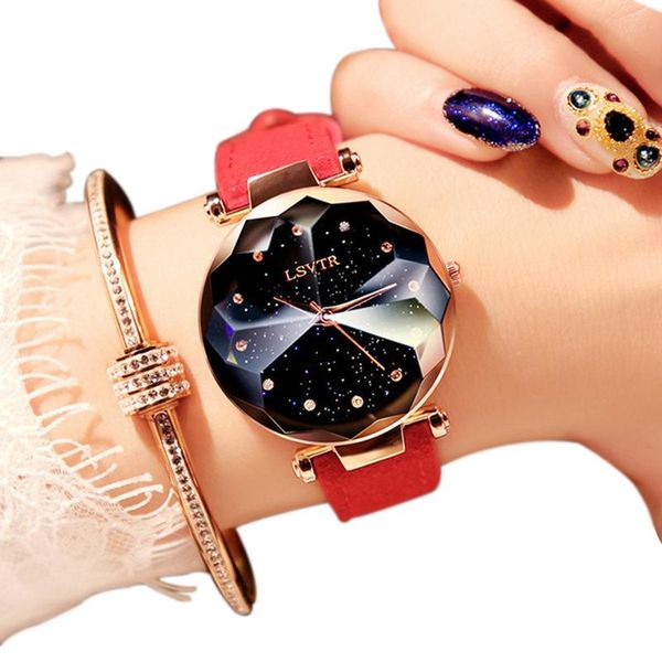 

wristwatches lsvtr luxury diamond rose gold women watches starry sky leather ladies quartz wrist watch for relogio feminino montre femme 202, Slivery;brown