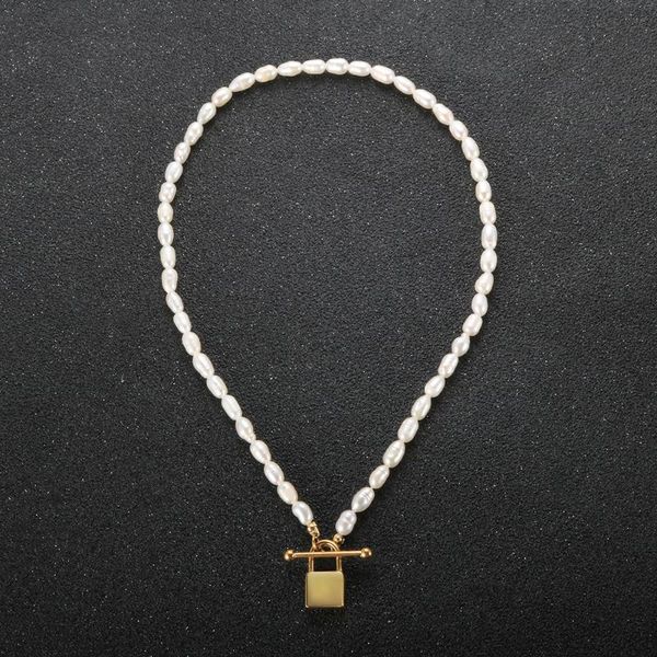 

chains luxury fresh water pearl choker necklace gold lock pendant for women ot button collar jewelry gift, Silver