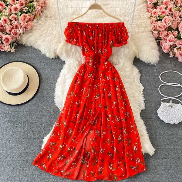 

summer bohemian women floral dress slash neck short puff sleeve high waist big swing vestidos beach party robe 2021 new, Black;gray