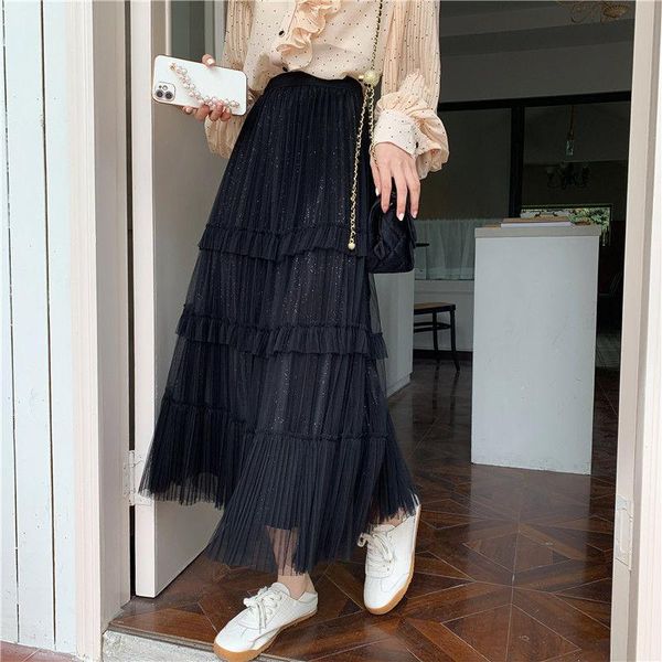 

skirts 2021 women spring summer sweet cake layered mesh midi skirt female elastic high waist pleated lady casual loose falda e560, Black