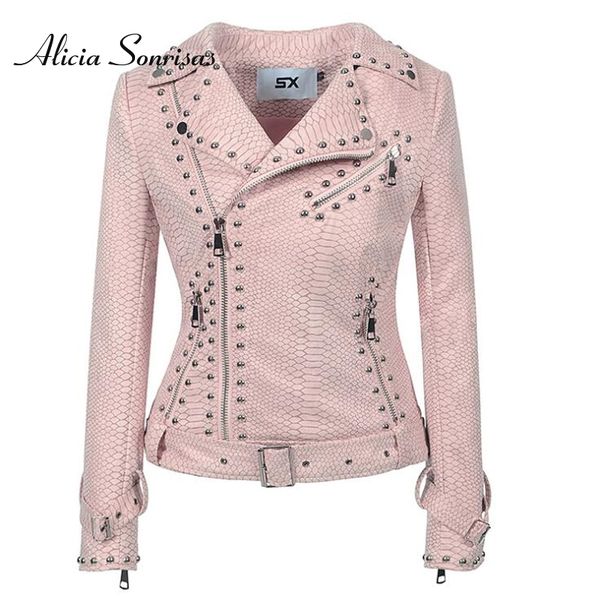 

women faux leather jacket 2020 rivets motorcycle biker coat snake pu suede black pink belt punk plus size outerwear as0235