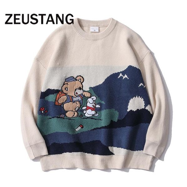 

men's sweaters zeustang harajuku streetwear fashion sweater cartoon letter jumpers hip hop loose casual knitwear pullover, White;black