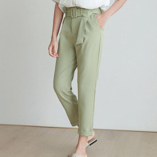 

matcha-colored suit pants loose casual nine-point harensi high-waisted flower small-footed radish pants. women's & capris, Black;white