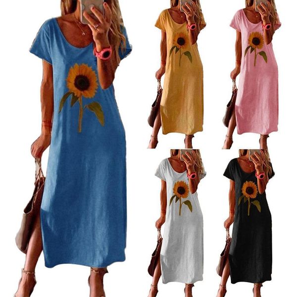 

women dress elegant sunflower butterfly print long short sleeve summer o neck party retro female slit maxi vestidos, Black;gray