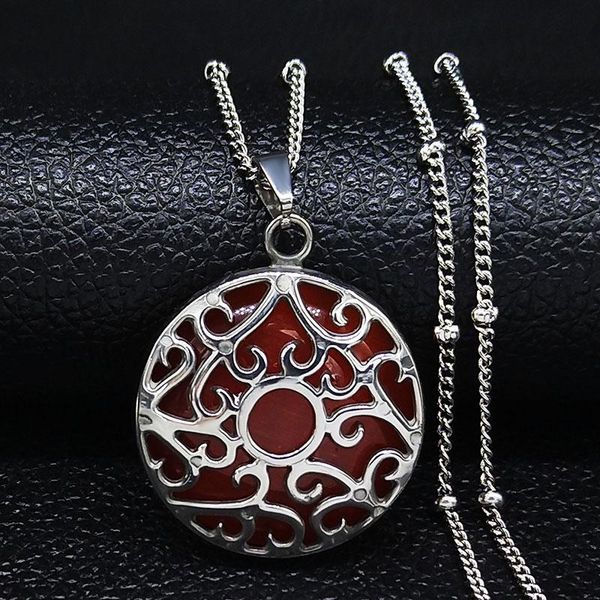 

pendant necklaces 2021 flower of life stainless steel red opal women silver color choker necklace jewelry colgantes mujer moda n20264