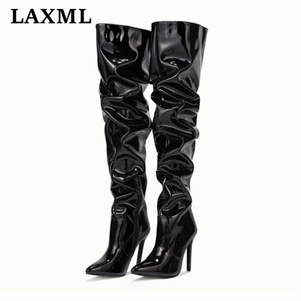 

boots 2021 classic mature women's shoes pointed toe patent leather high stretch over the knee lightweight zipper stiletto heels, Black
