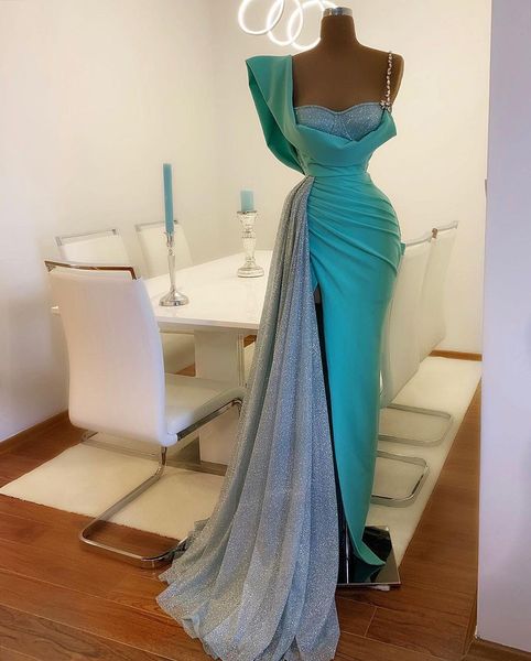 

sky blue mermaid prom dresses with high side split glitter satin real image evening dress sweep train custom made long robes de soirÃ©e, Black;red