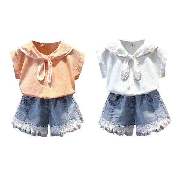 

clothing sets 2pcs baby girls clothes set solid color sleeveless pan collar shirt lace-joint short jeans stylish denim shorts 1-10 years, White