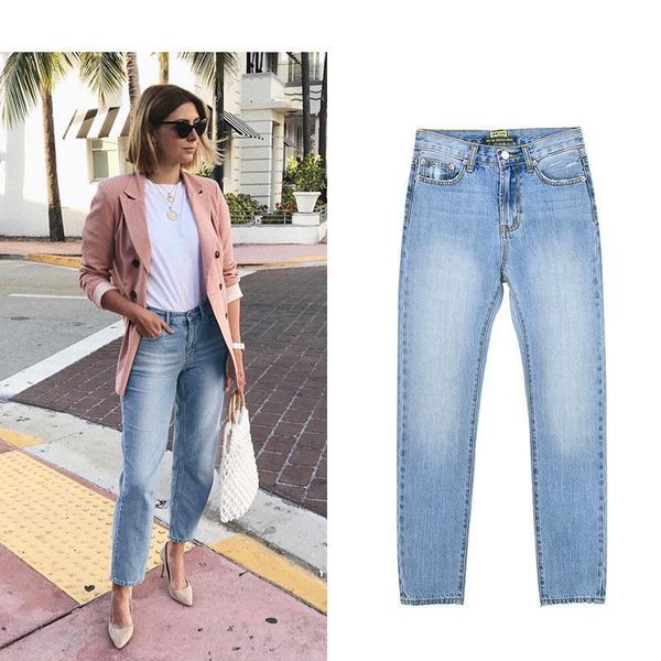 

women's jeans streets classic washed high waist straight denim trousers, Blue