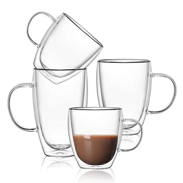 

wine glasses 1/2/4pcs double wall glass cups espresso coffee mug 250/350/450 ml heat-resistant transparent with bottom mugs