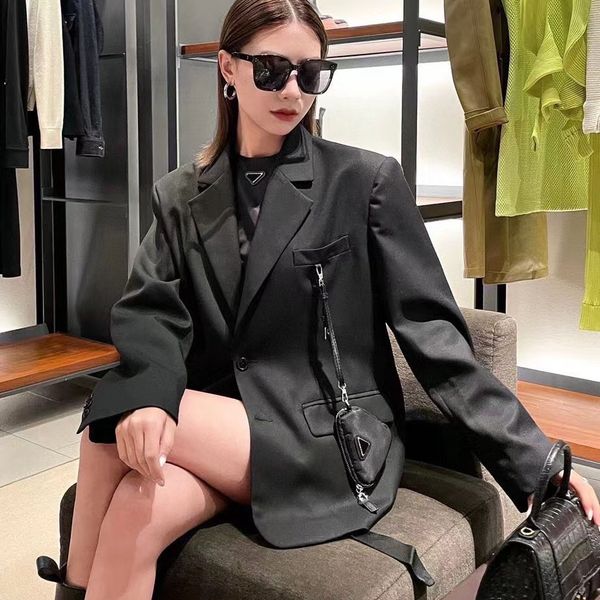 

womens formal blazers autumn warm coat fashion simple black jacket with bag casual business long sleeves blazer, White;black