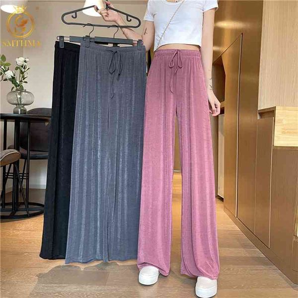 

fashion high waist drape mopping summer pants ladies elastic loose ice silk thin straight-leg 210520, Black;white