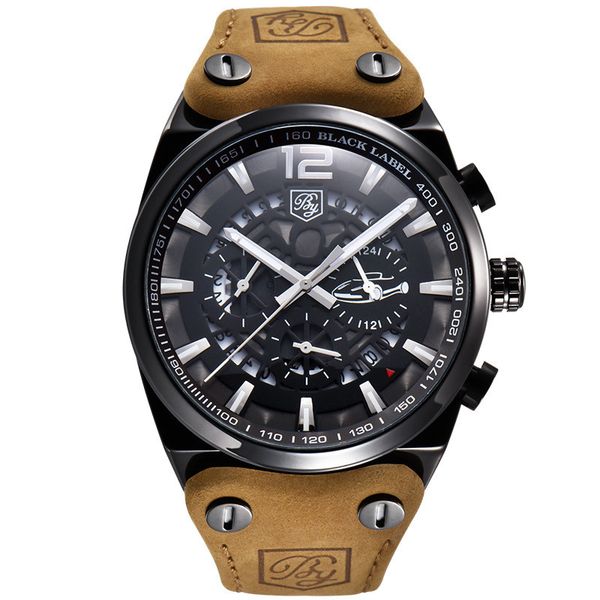

benyar 5112 analog chronograph watches wristwatch for men genuine leather strap quartz movement waterproof clock uurwerken klok, Slivery;brown