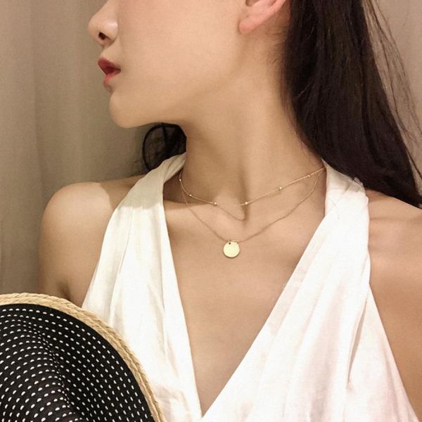 

pendant necklaces korea round layered necklace choker for women14k gold plating aesthetic neck chain jewelry initial charms party gift, Silver