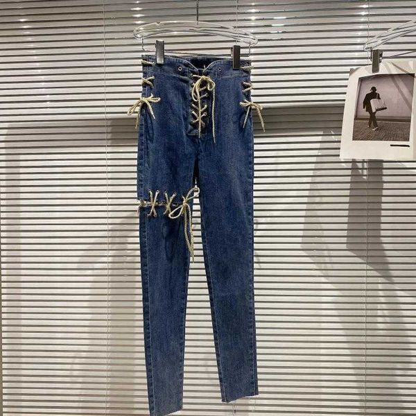

deat women ribbon bandage elastic slim pencil jeans solid color high waist pants fashion spring summer 11b645 210709, Blue