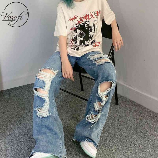 

women's jeans torn jeans fried-up ladies big-size slacks straight-waisted breeches, ripped-waisted brim pants girl's brem y2k moth, Blue