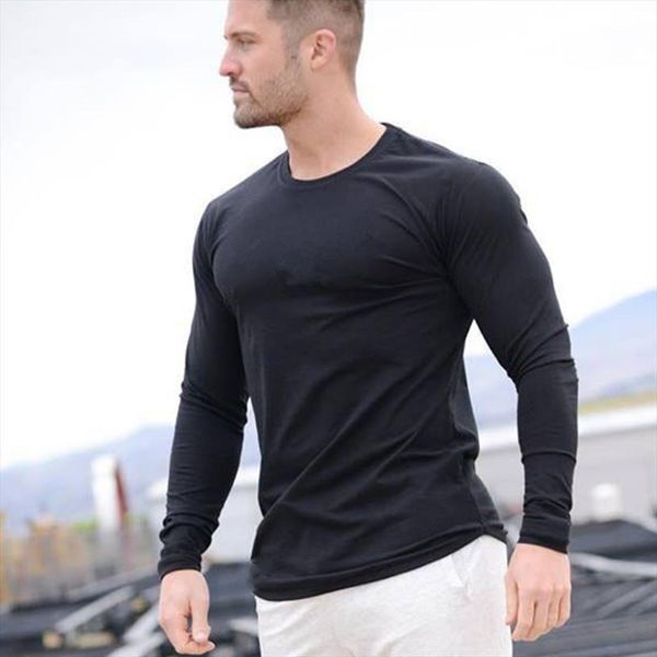 

casual long sleeve cotton gym mens fitness workout skinny male solid tee autumn running sport brand clothing, White;black