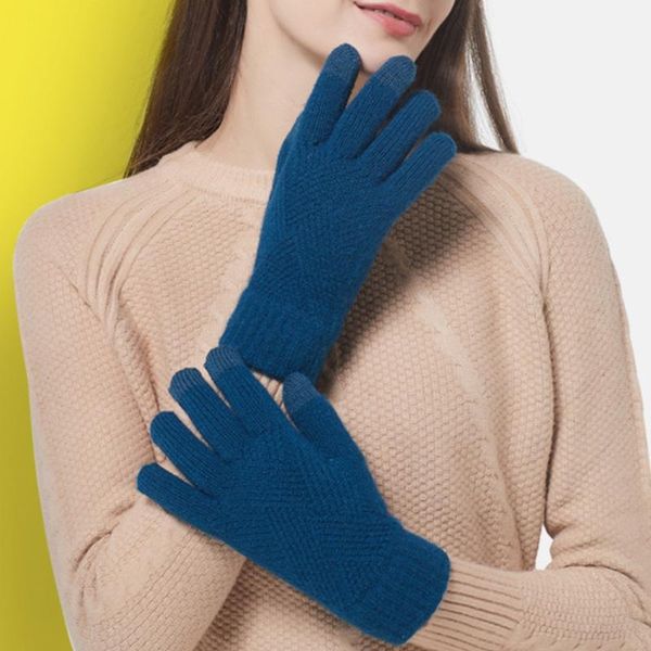 

five fingers gloves women winter rhombus knit touch screen solid color cycling plush lined thermal warm stretch texting mittens, Blue;gray