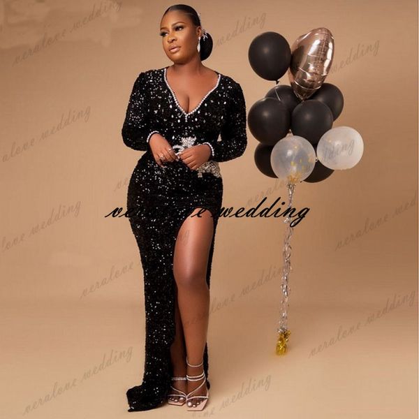 

deep v neck with beads black evening dresses long sleeve sequin high split prom gowns women second reception guest wear