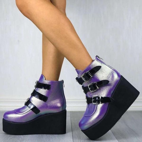 

boots women shoes high heels platform fashion thick bottom ankle wedges lace up buckle botas mujer, Black