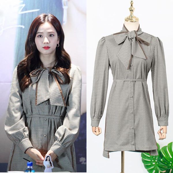 

casual dresses kpop twice exo got7 same spring retro plaid high waist long-sleeve dress women office temperament elegant bow a-line, Black;gray
