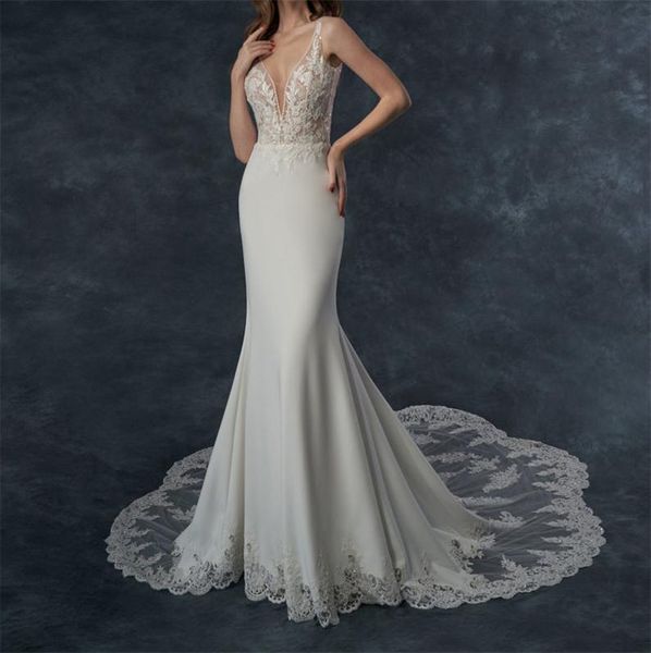 

2021 gorgeous v neck mermaid wedding gowns spaghetti lace appliques beading backless sweep train chruch style bridal dress custom made, White
