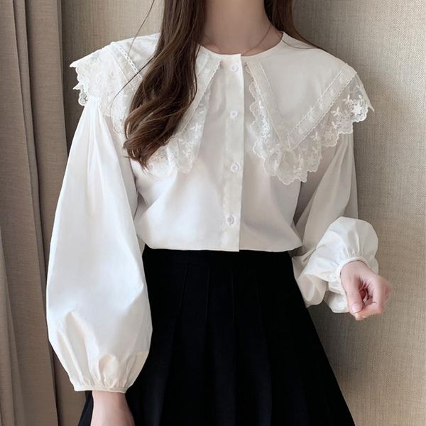 

women's blouses & shirts lace long-sleeved spring 2021 korean-style lantern shorts sleeve doll collar white shirt blouse 580h
